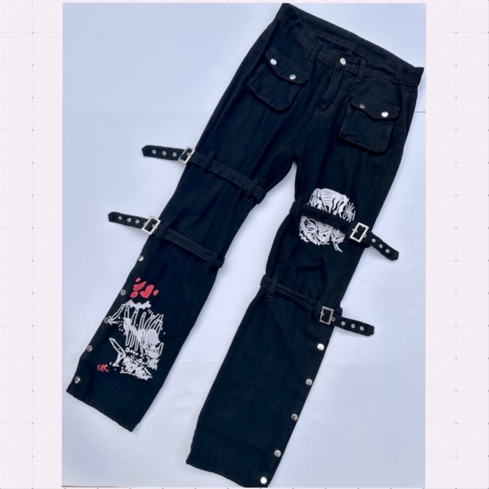Black Pants with Graphic Design and Buckle Details